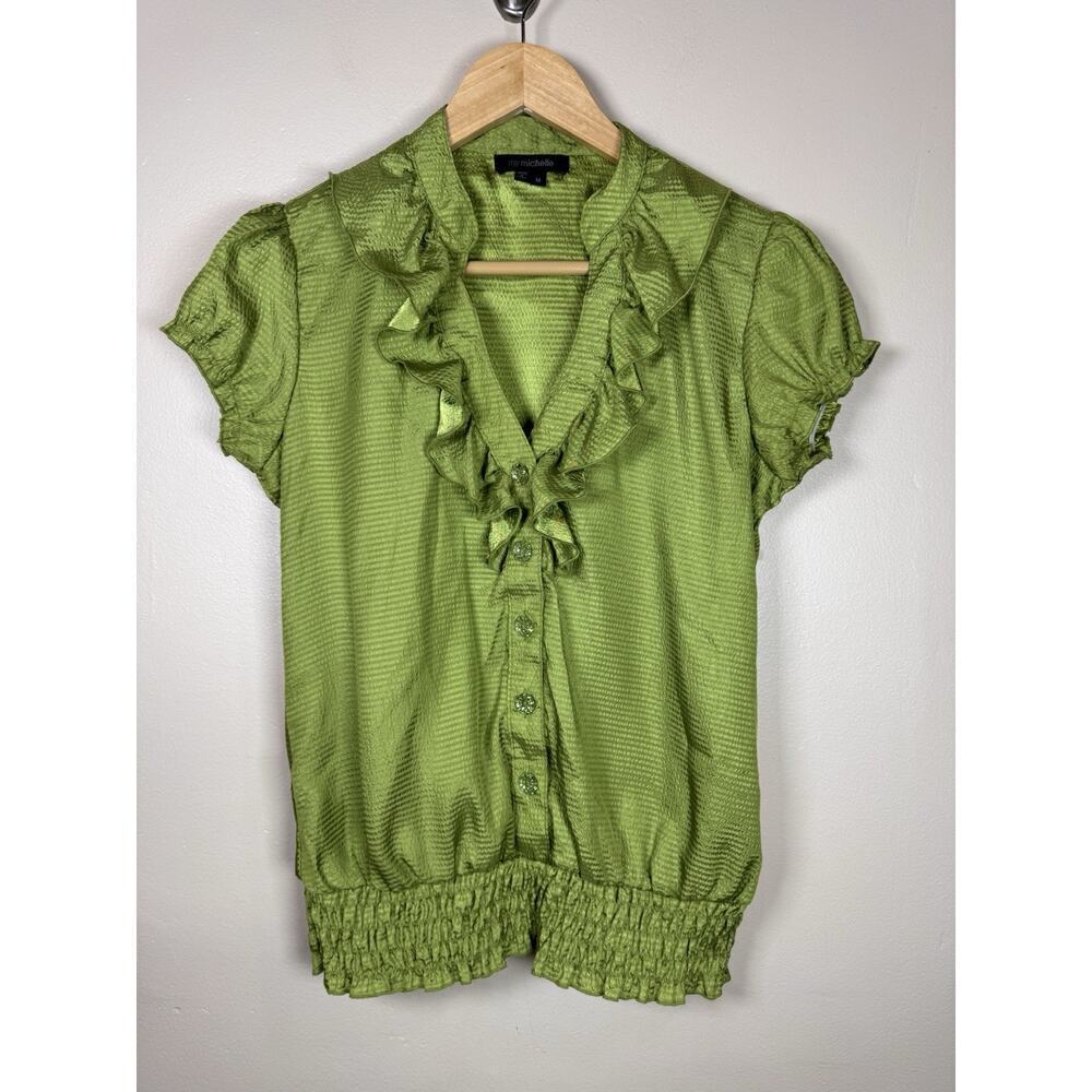 My Michelle Womens Top M Babydoll Y2K 90s Lime Green Ruffle Satin Phoebe Artsy